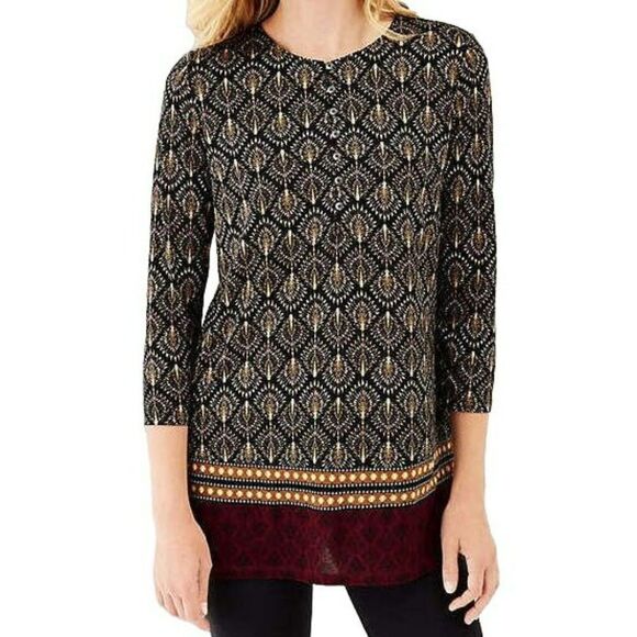 J. Jill Bordeaux Fan Geo Border Print Knit Pullover Tunic Top Sz L - Picture 2 of 10